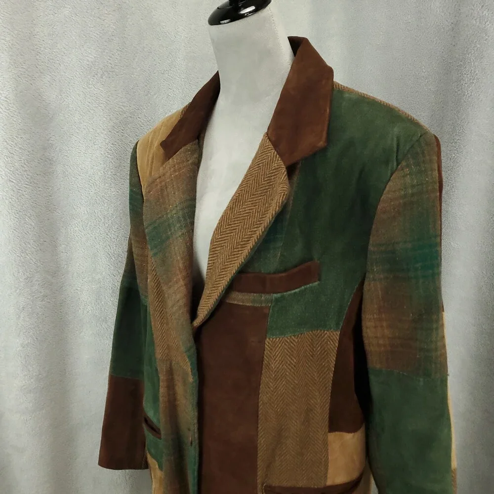 Brandon Thomas Suede Patchwork Blazer Jacket Womens Sz 12 M Brown Tan Colorblock - Picture 12 of 12